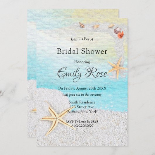 シーサイドビーチホワイトサンドブライダルシャワー 招待状 (正面/裏面)