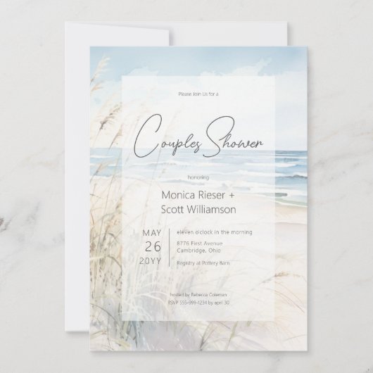 シーサイドモダンウォータカラービーチカップルのシャワー 招待状 (正面)