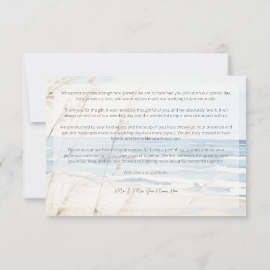 シーサイドモダンウォーター色ビーチ結婚式 サンキューカード (裏面)