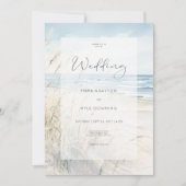 シーサイドモダンウォーター色ビーチ結婚式 招待状 (正面)