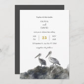 シーサイドロマンスダスティペリカンカップルビーチ結婚式 招待状 (正面/裏面)