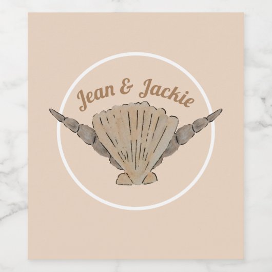 シーサイド結婚のオレンジ色の砂浜の貝殻 ワインラベル (シングルラベル)