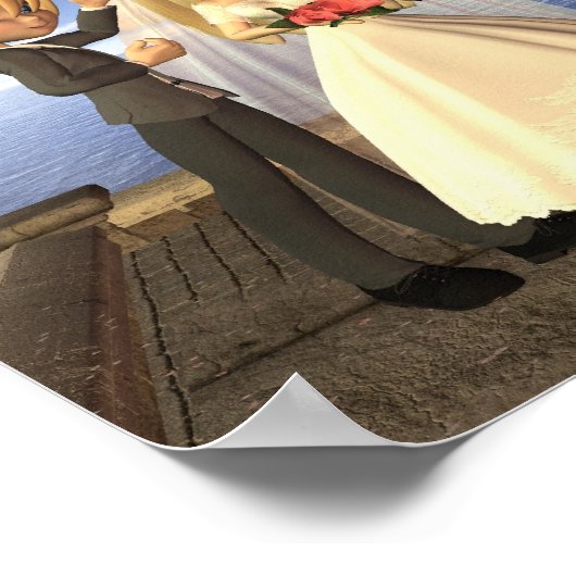 シーサイド結婚バルコニーに登場するかわいい漫画のカップル ポスター (角)