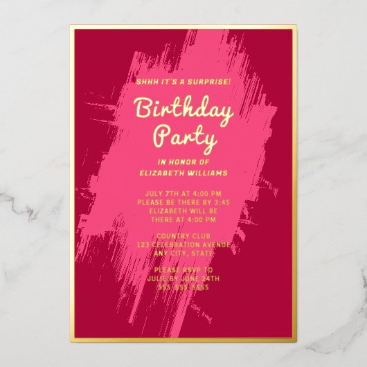 シーサプライズバースデーパーティーピンクグ名門私立校風のラム 箔招待状 (正面)