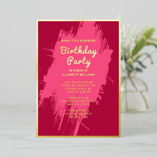 シーサプライズバースデーパーティーピンクグ名門私立校風のラム 箔招待状 (立ち正面)