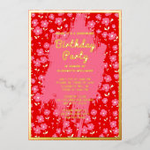 シーサプライズバースデーパーティーピ名門私立校風のンクフローラ 箔招待状 (正面)