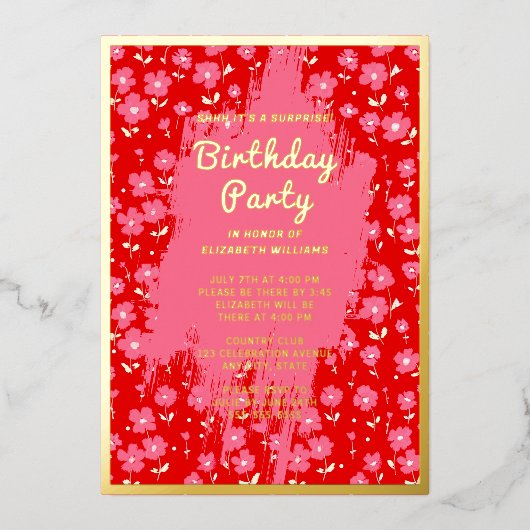 シーサプライズバースデーパーティーピ名門私立校風のンクフローラ 箔招待状 (正面)