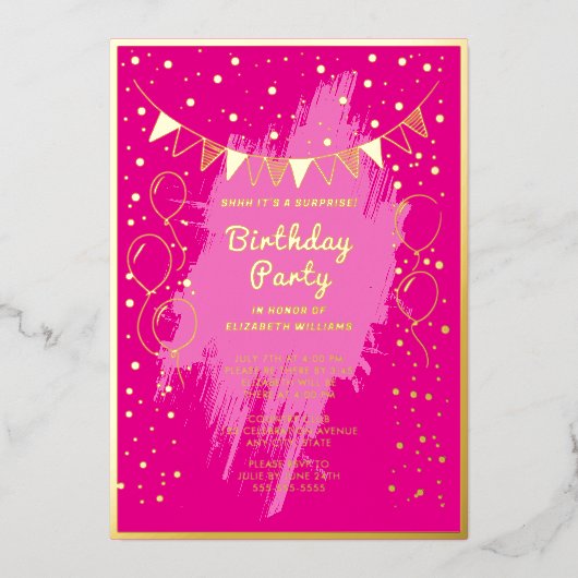 シーサプライズバースデーパーティーホットピンク金ゴールドグラム 箔招待状 (正面)
