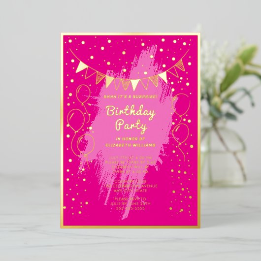 シーサプライズバースデーパーティーホットピンク金ゴールドグラム 箔招待状 (立ち正面)