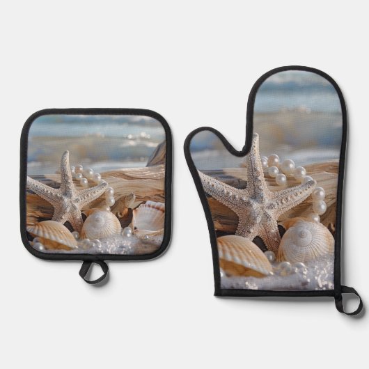 シーシかわいらしェルズホワイトパールドリフトウッド 鍋つかみ&鍋敷きセット (正面)