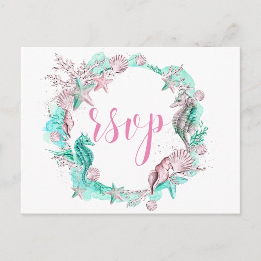 シーシアンピンクホワイト夏RSVPの下 インビテーションポストカード (正面)