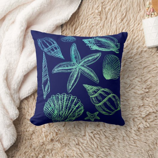 シーシェモダンルネイビーアクアホワイトグラデーションビーチシェル クッション (ブランケット)