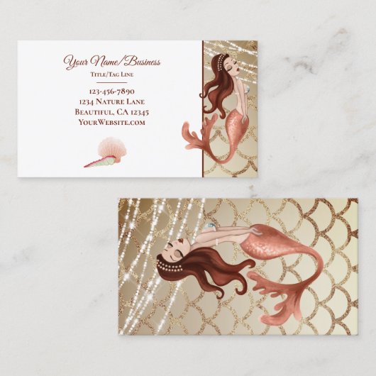 シーシェルとバラ金ゴールドの美しい人魚 名刺 (正面/裏面)
