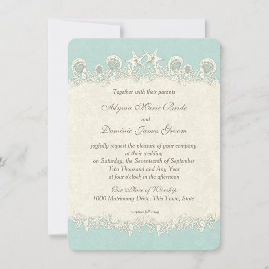 シーシェルとヒトデのヴィンテージウェディング 招待状 (正面)