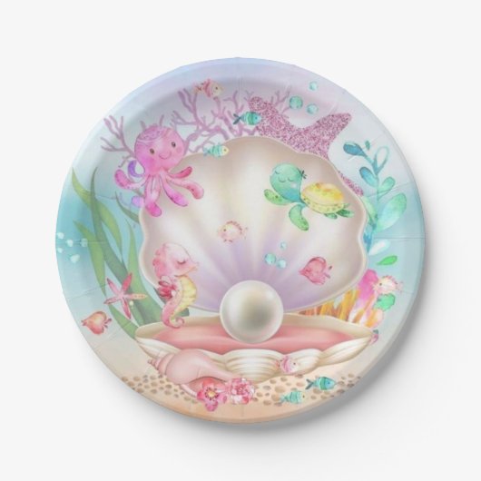 シーシェルと真珠の水中の海パーティー ペーパープレート (正面)
