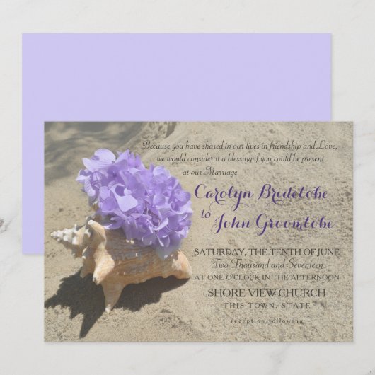 シーシェルと紫のハイドランジアの砂浜 招待状 (正面/裏面)