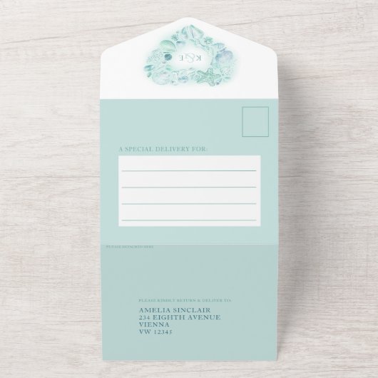 シーシェルのハートウォーターカラービーチウェディングアクア オールインワン招待状 (外側)