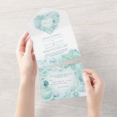 シーシェルのハートウォーターカラービーチウェディングアクア オールインワン招待状 (貼ってはがせる)