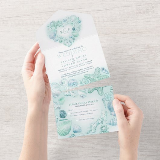 シーシェルのハートウォーターカラービーチウェディングアクア オールインワン招待状 (貼ってはがせる)