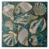 シーシェルのパターン – アクア大理石、真珠、金ゴールド タイル (正面)