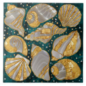 シーシェルのパターン – アクア大理石、真珠、金ゴールド タイル (正面)