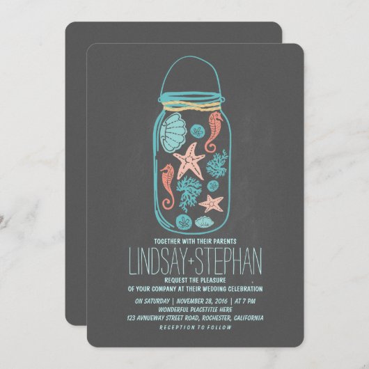 シーシェルのメイソンジャービーチ結婚式招待状 招待状 (正面/裏面)