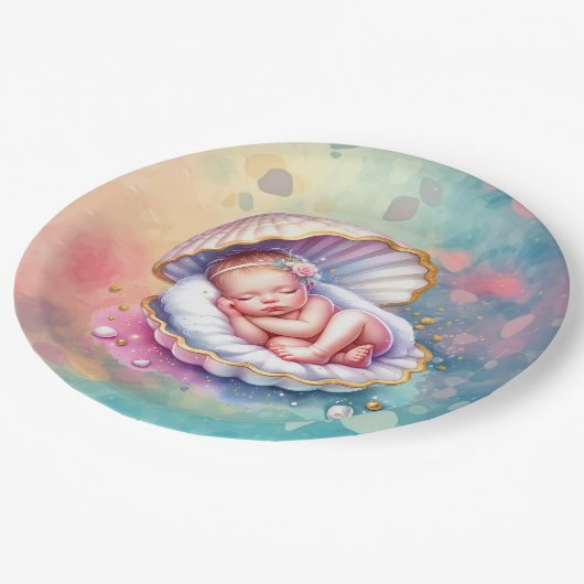 シーシェルの赤ちゃんシャワーを浴びた赤ちゃん ペーパープレート (アングル)
