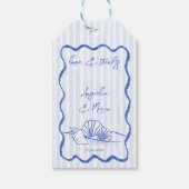 シーシェルの青い波の縁どビーチ結婚式の好意 ギフトタグ (正面)