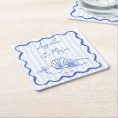 シーシェルの青い波の縁どビーチ結婚式の好意 スクエアペーパーコースター (アングル)