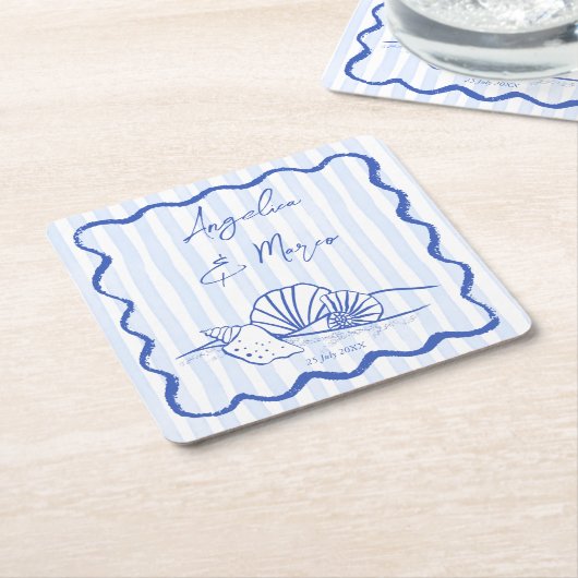 シーシェルの青い波の縁どビーチ結婚式の好意 スクエアペーパーコースター (アングル)