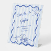 シーシェルの青い波状の縁どビーチ結婚式プレゼント 台座サイン (正面)