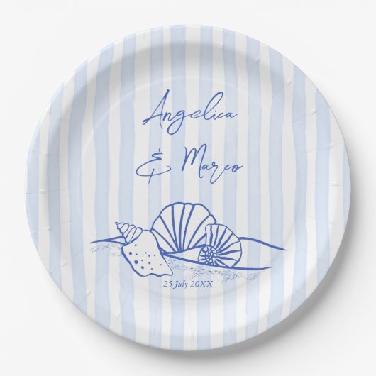 シーシェルの青い波状縁どビーチ結婚式モノグラム ペーパープレート (正面)