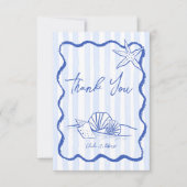 シーシェルの青い波状縁どビーチ結婚式 サンキューカード (正面)