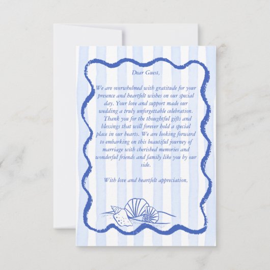 シーシェルの青い波状縁どビーチ結婚式 サンキューカード (裏面)