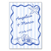 シーシェルの青い波状縁どビーチ結婚式 テーブルナンバー (裏面)