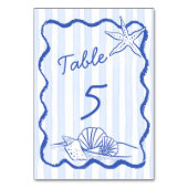 シーシェルの青い波状縁どビーチ結婚式 テーブルナンバー (正面)