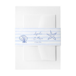 シーシェルの青い波状縁どビーチ結婚式 招待状ベリーバンド