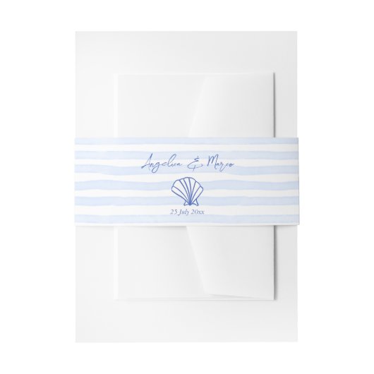 シーシェルの青い波状縁どビーチ結婚式 招待状ベリーバンド (正面例)