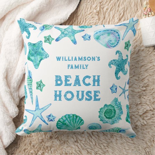 シーシェルアンドスターフィッシュファミリービーチハウス クッション (ブランケット)