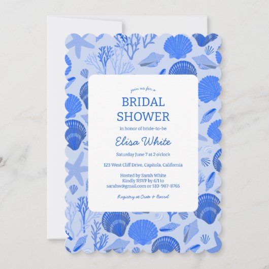 シーシェルエレガントズブライダルシャワーブルービーチカスタム 招待状 (正面)