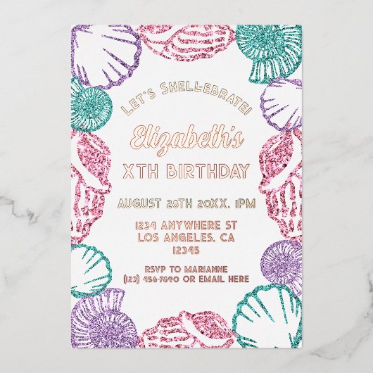 シーシェルガールズ誕生日 箔招待状 (正面)