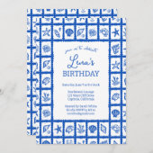 シーシェルグリッドビーチバースデーパーティブルーカスタム 招待状 (正面/裏面)