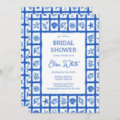 シーシェルグリッドビーチブライダルシャワーブルーカスタム 招待状 (正面/裏面)