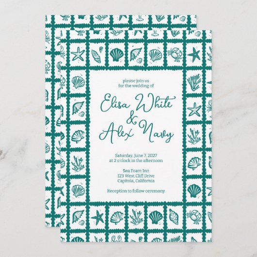 シーシェルグリッドビーチ結婚式グリーンカスタムQRコード 招待状 (正面/裏面)