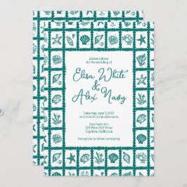 シーシェルグリッドビーチ結婚式グリーンカスタムQRコード 招待状