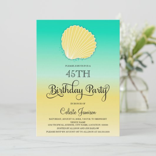 シーシェルサンドと海の色の誕生日グラデーションパーティー 招待状 (スタンド正面)