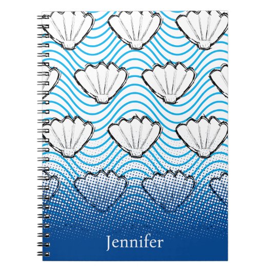 シーシェルスケッチ白と青の波パターン ノートブック (正面)