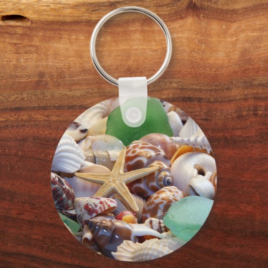 シーシェルススターフィッシュ&ビーチガラスキーチェーン キーホルダー (正面)