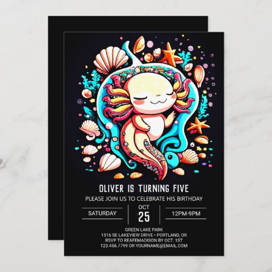 シーシェルズアクソロトルお洒落誕生日 招待状 (正面/裏面)