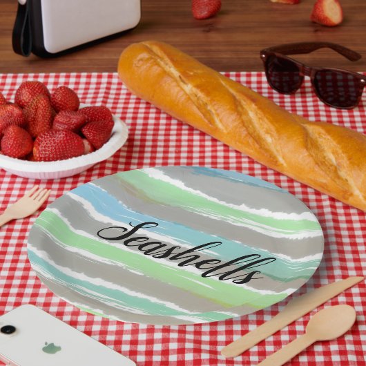 シーシェルズグレーグリーンブルーウォーターストライプカラー ペーパープレート (ピクニック)